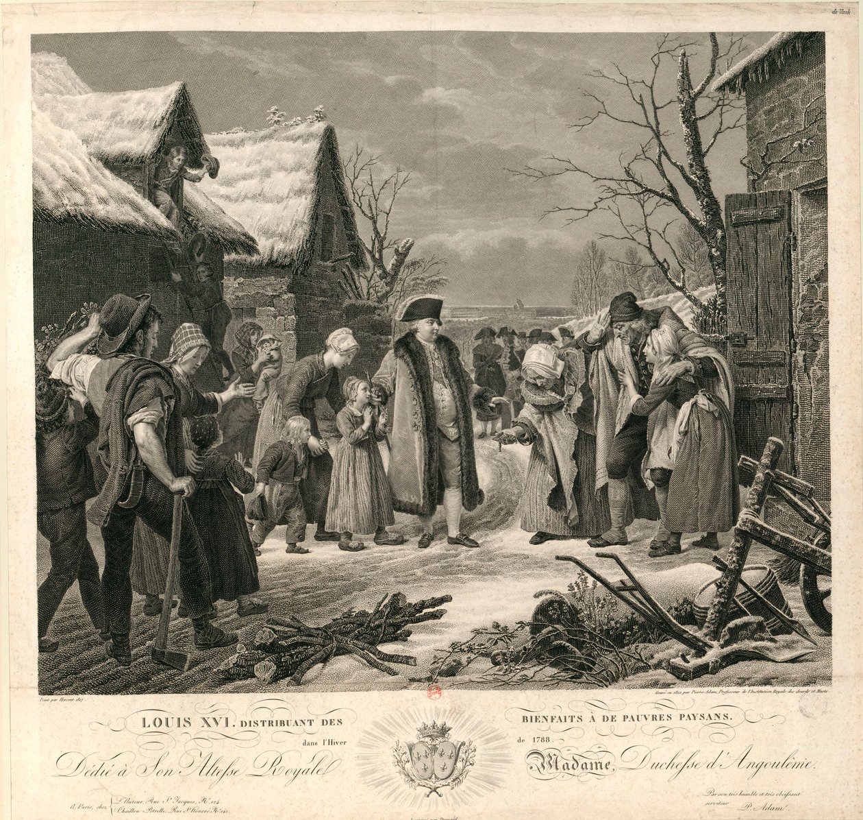 Ludvig XVI almujen jakaminen köyhille talonpojille talvella 1788 n. 1817. tekijältä Pierre Michel Adam