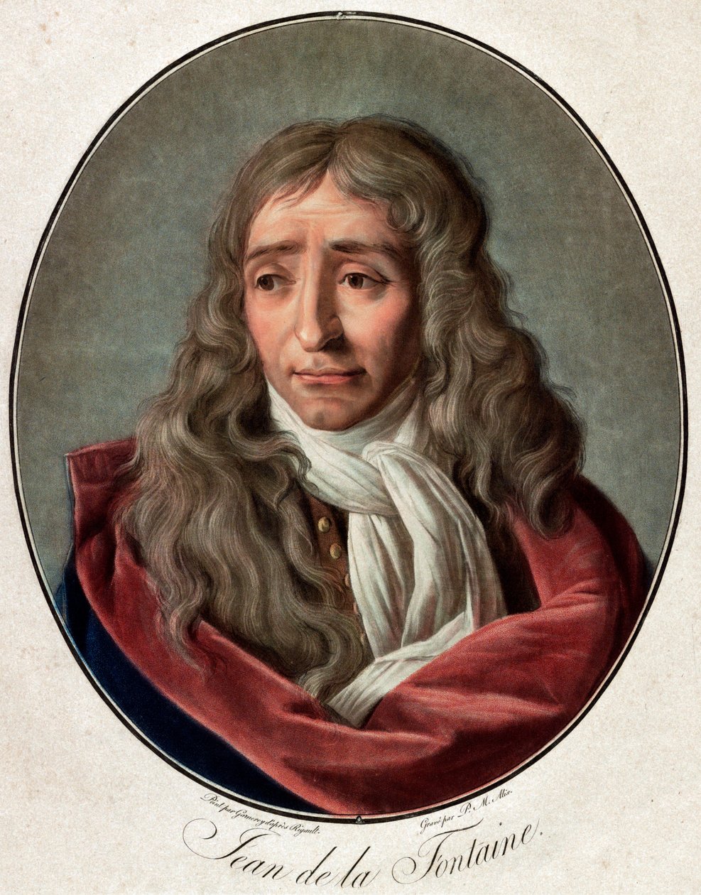 Jean de La Fontainen (Lafontaine) (1621-1695) muotokuva, Pierre Michel Alixin (1762-1817) ranskalainen runoilija Ambroise Louis Garnereyn (1783-1857) kaiverrus tekijältä Pierre Michel Alix