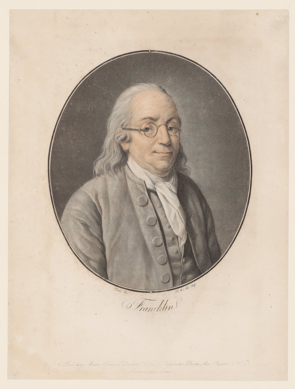 Benjamin Franklinin muotokuva Franklin (otsikko esineessä) Kokoelma suuria miehiä (sarjan nimi) tekijältä Pierre Michel Alix