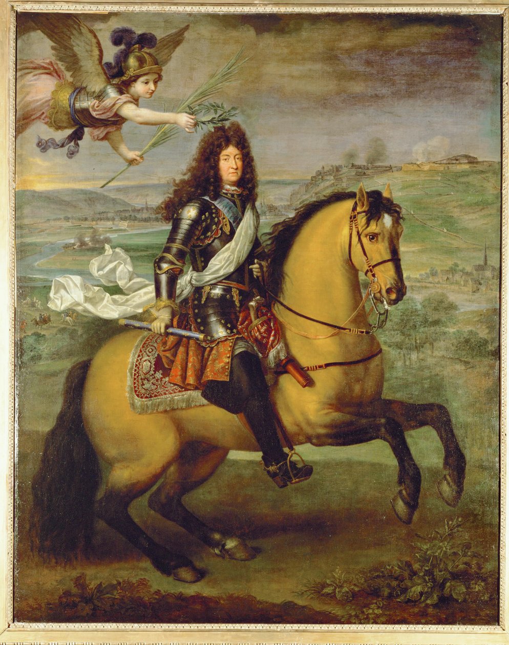 Ludvig XIV hevosen selässä, voiton kruunaama ... (maalaus kankaalle) tekijältä Pierre Mignard