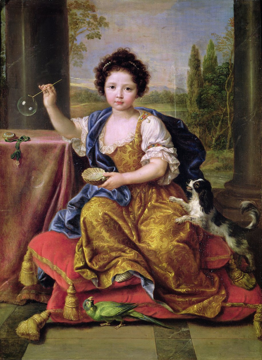 Marie-Anne de Bourbon (1666-1739) Mademoiselle de Blois, Blowing Soap Bubbles (öljy kankaalle) tekijältä Pierre Mignard