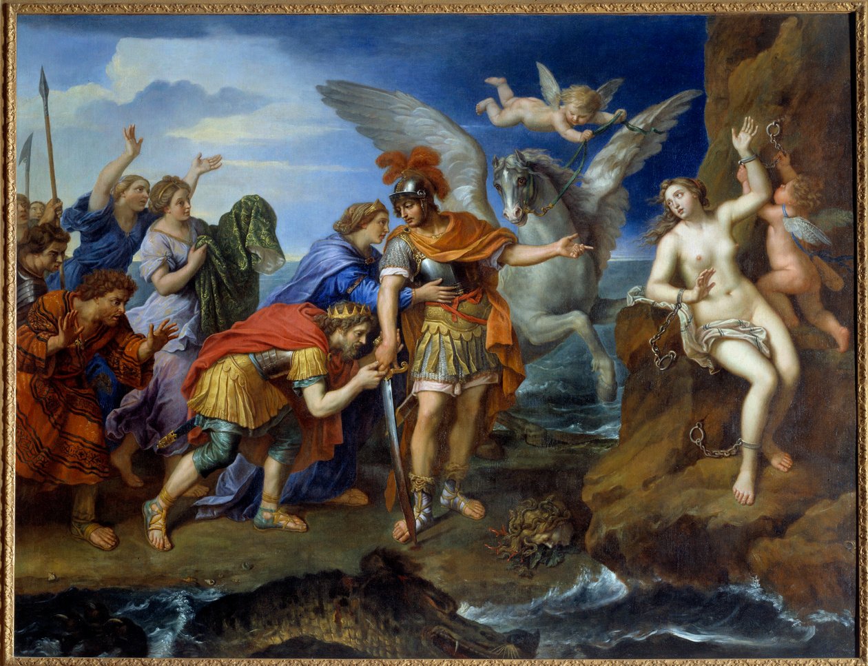 Persee irrottaa Andromedasta Kallioon kahlitun Andromedan Persee toimittaa ja pelastaa merihirviön. Pierre Mignardin (1612-1695) maalaus 1600-luvulta tekijältä Pierre Mignard