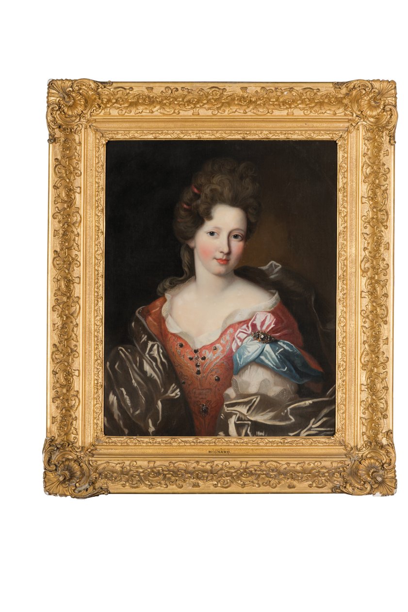 Madame Valentinousin muotokuva, puolipitkä punaisessa brodeeratussa mekossa, jossa sininen ja harmaa kääre tekijältä Pierre Mignard