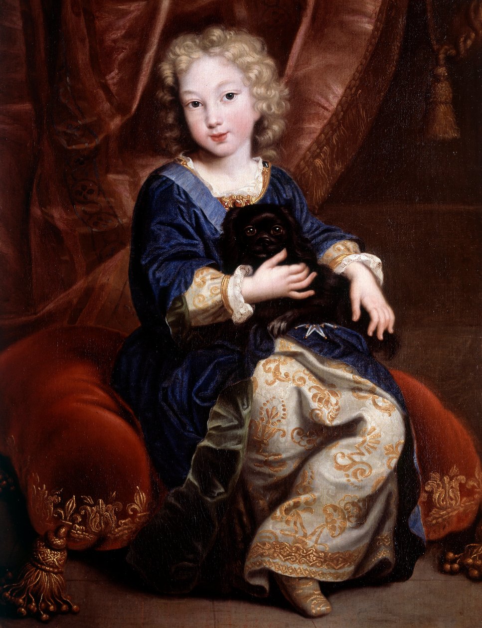 Philippe Ranskan, Anjoun herttua (1683-1746) muotokuva (tuleva Philip V, Espanja) kuvaa lapsen mustan koiransa kanssa Pierre Mignardin (1612-1695) maalaus tekijältä Pierre Mignard