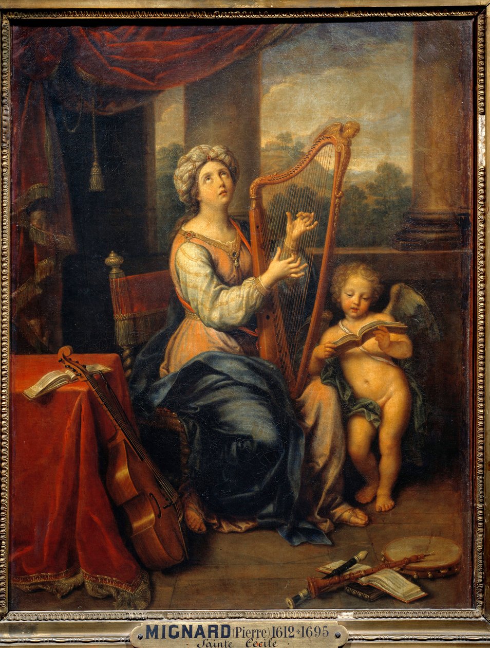 Pyhä Cecile laulaa ylistystä Herralle Pyhä soittaa harppua ja häntä ympäröivät soittimet. Pierre Mignardin (1612-1695) maalaus 1691 Su. 0,74x0,56 m Pariisi, Musee du Louvre tekijältä Pierre Mignard