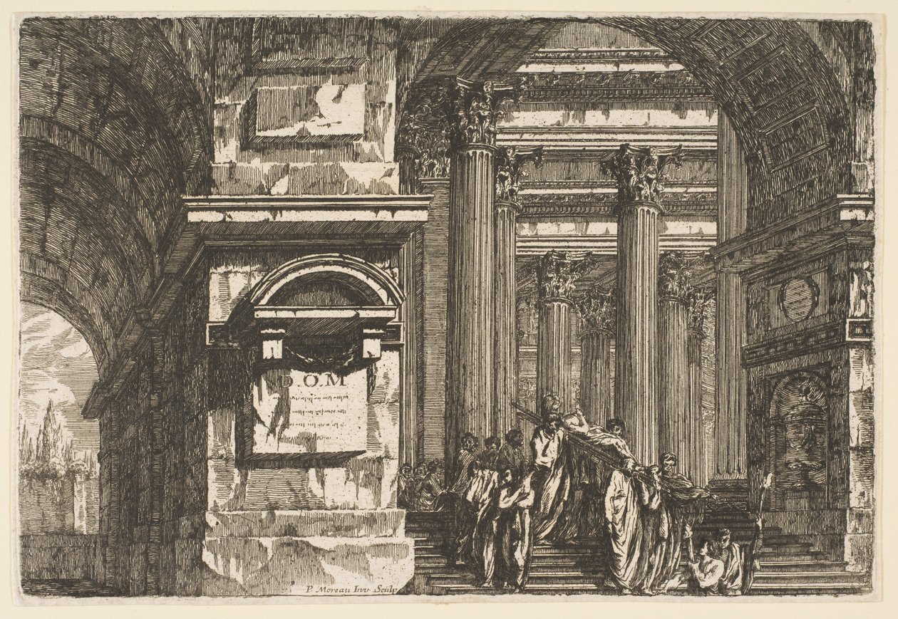 Hautajaiskohtaus temppelissä, n. 1760. tekijältä Pierre Moreau
