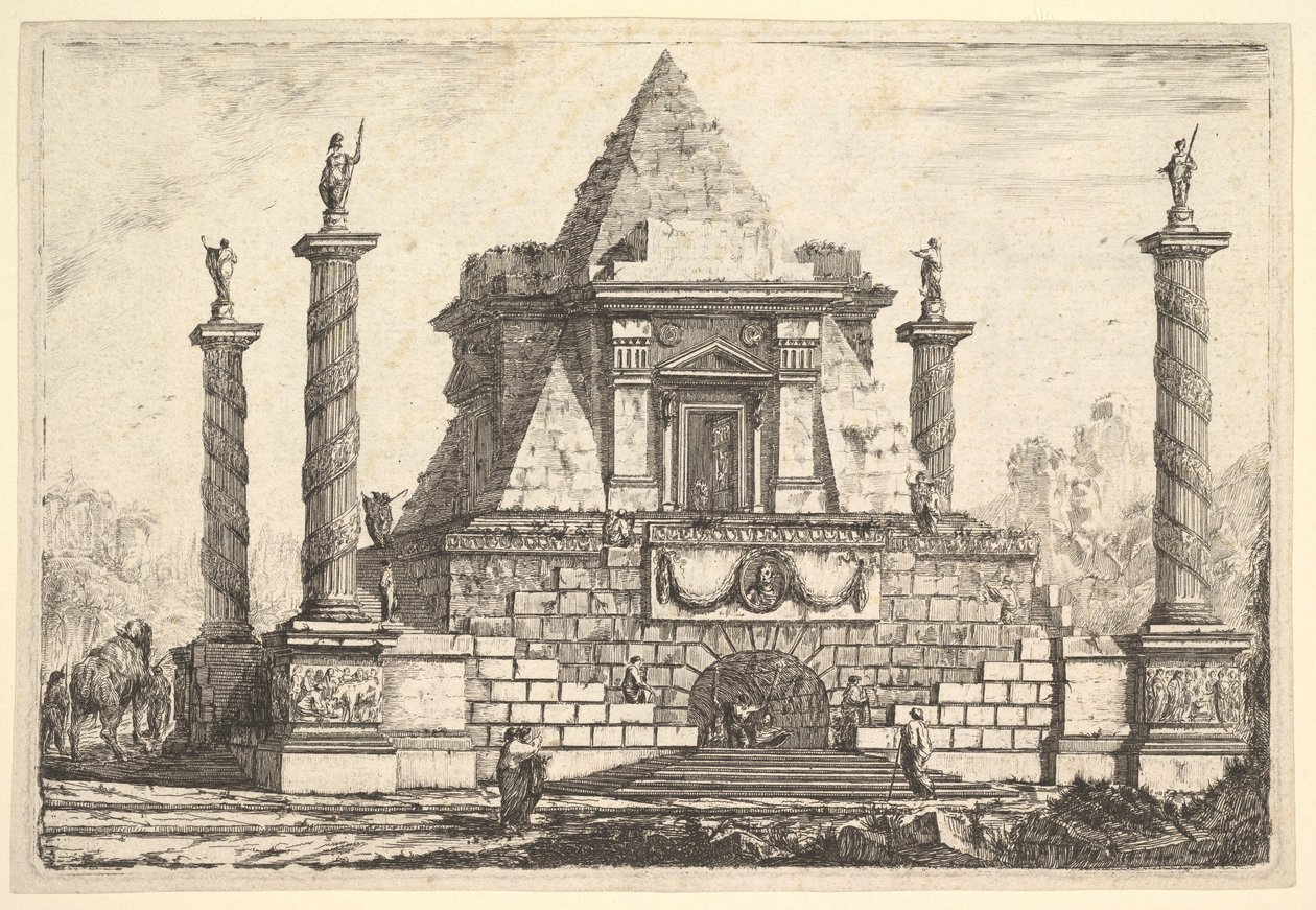 Kuvitteellinen arkkitehtuuri kamelin ja hahmojen kanssa, Della Bellan mukaan, 1700-luku. tekijältä Pierre Moreau