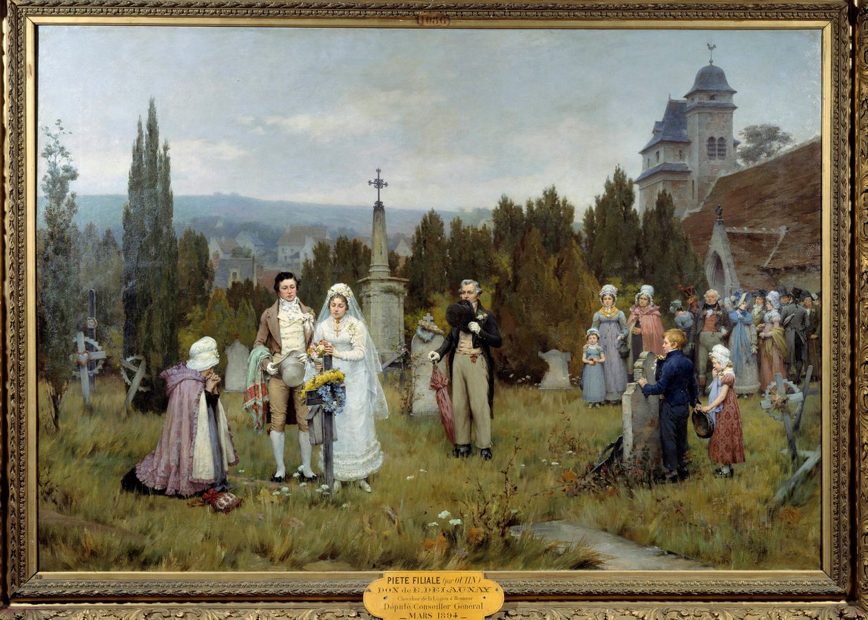 Pieten tytäryhtiö Wedding Scene, nuoret morsiamet kokoontuvat yhden nuoren morsiamen kuolleen isän haudalle. Pierre Otinin (1840-1899) maalaus 1800-luvulta. Fecamp, taiteen museokeskus tekijältä Pierre Outin