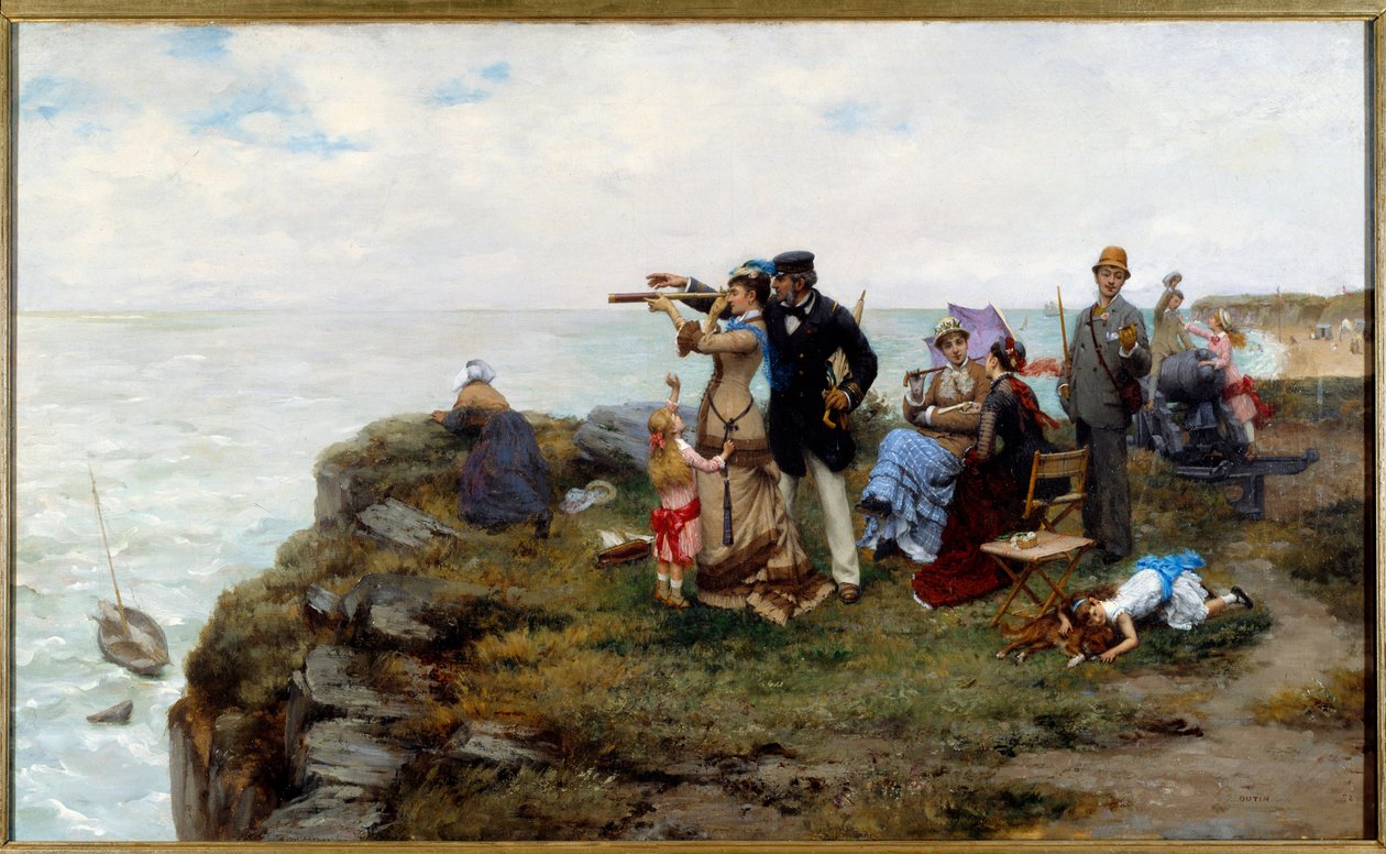 Cliffs of Etretat Turistit kävelevät kallioilla. Pierre Otinin (1840-1899) maalaus 1878 Yksityinen kokoelma tekijältä Pierre Outin