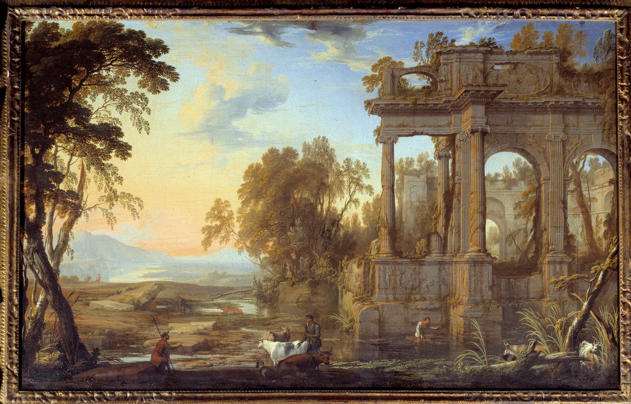 Maisema raunioiden ja pastorien kanssa Pierre Patel Peren maalaus (1605-1676) 1600-luvun aurinko. 0,53x0,83 m tekijältä Pierre Patel