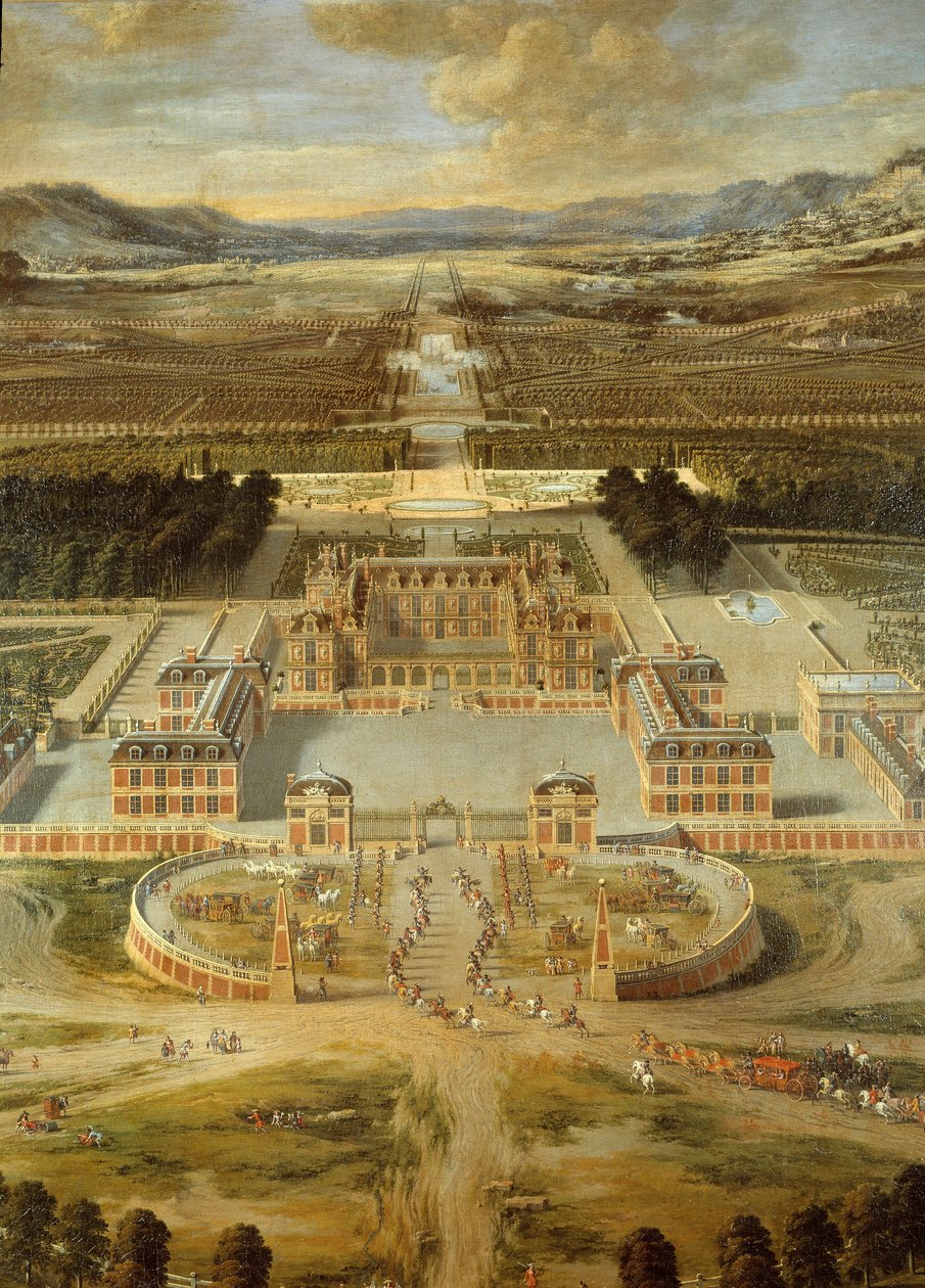Näkymä Versaillesin linnan puutarhaan, otettu Avenue de Paris -kadulta vuonna 1668. Yksityiskohta. Pierre Patel Isän maalaus tekijältä Pierre Patel
