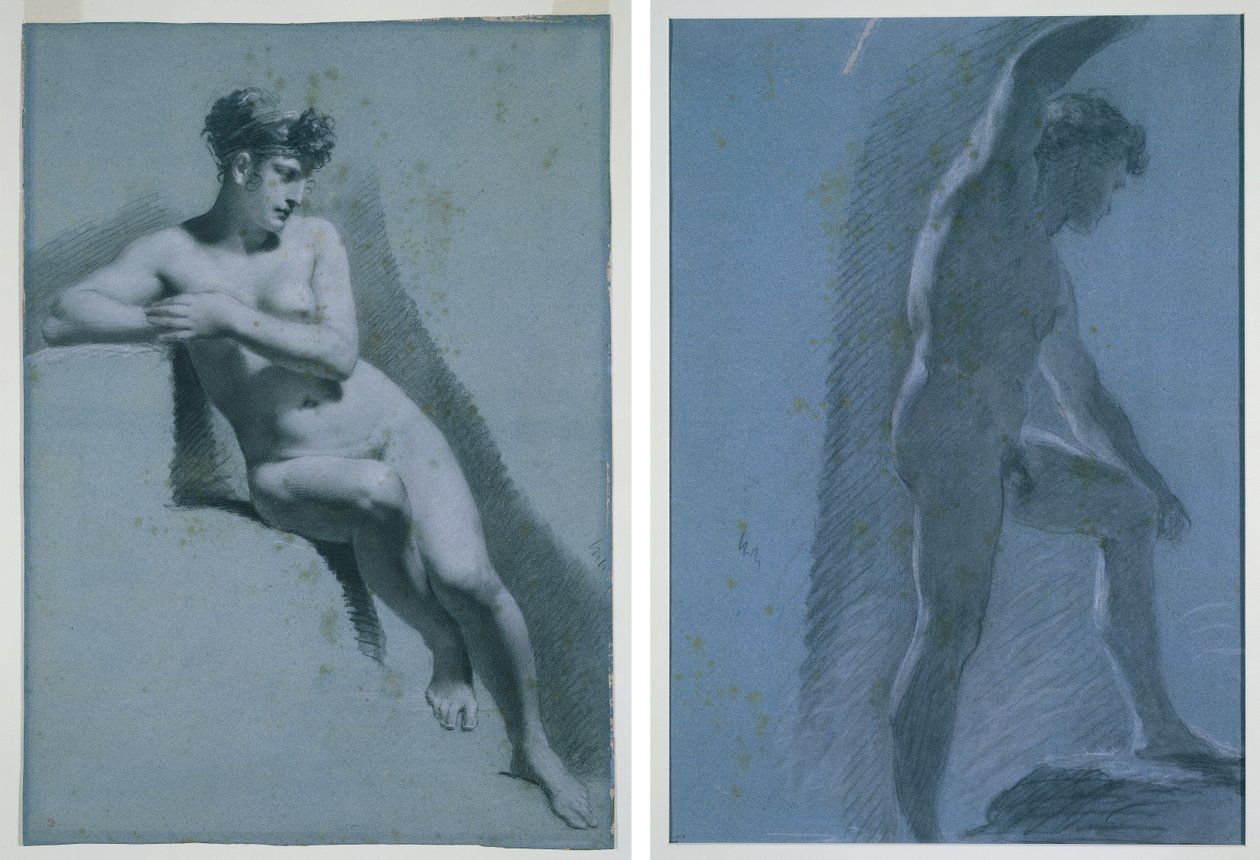 Tutkimus alaston naisesta, istuva, oikealle katsova (recto) Tutkimus miespuolisesta alastonmaasta (käänteinen) tekijältä Pierre Paul Prud