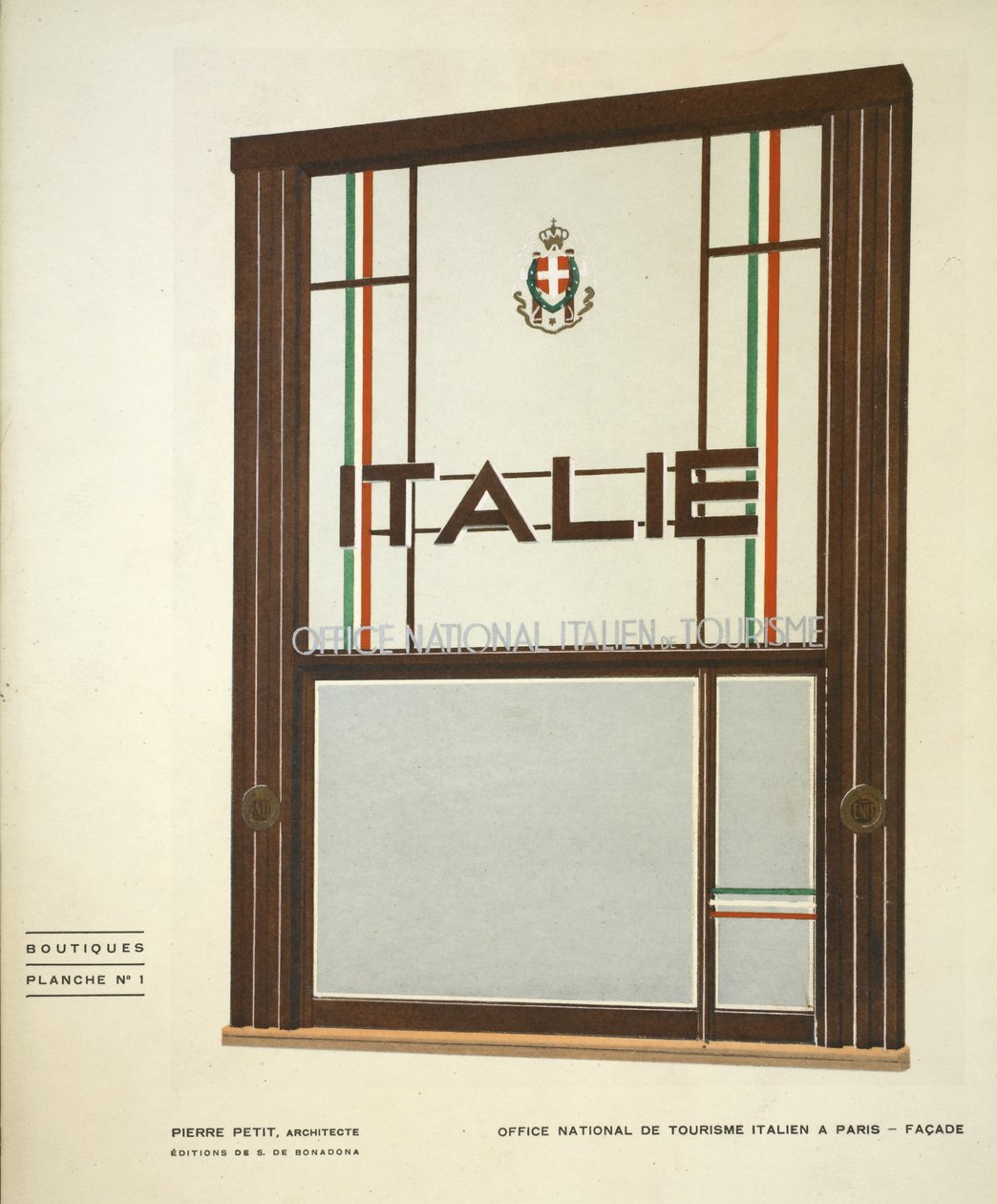 Italian kansallinen matkailutoimisto Pariisissa, Pierre Petit, kaupat, Henry Delacroix, Editions S De Bonadona, Pariisi, 1920-luvun loppupuoli, sabluunapainatus. tekijältä Pierre Petit