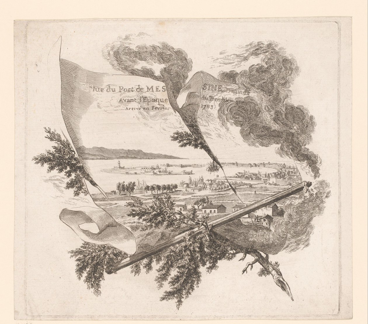Zicht op de haven van Messina Näkymä Messinan satamasta piirretty ennen kuin maanjäristys saapui helmikuussa 1783. (otsikko esineessä) tekijältä Pierre Philippe Choffard (attributed to)