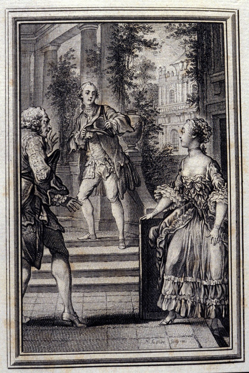 Tietämättä itsevarma tai Stratage - Jean La Fontainen "" Tarinat ja uutiset säkeissä "" 1776. P.P. Choffardin kuvitus. tekijältä Pierre Philippe Choffard