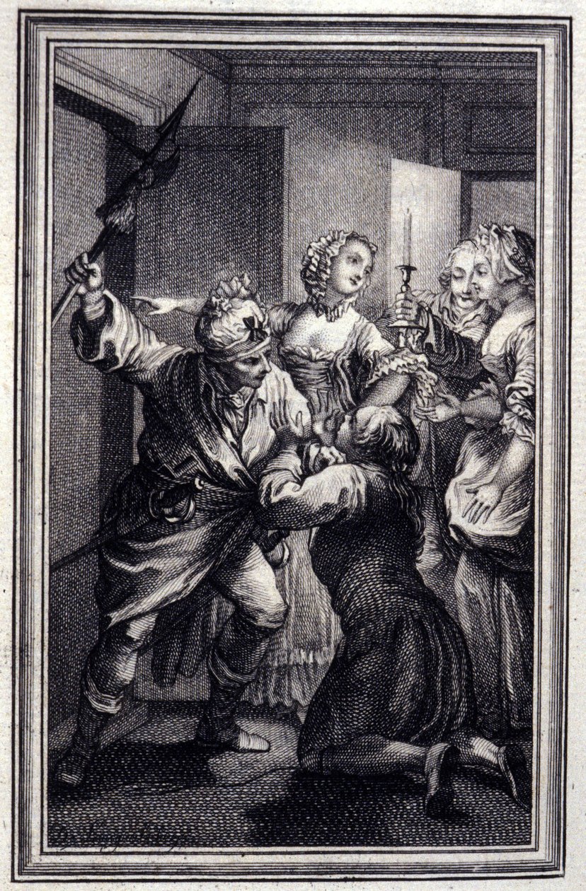 La Gageure des trois commeres - Jean La Fontainen "" Tarinoita ja novelleja säkeissä" -julkaisussa. 1776. P.P. Choffardin kuvitus. tekijältä Pierre Philippe Choffard