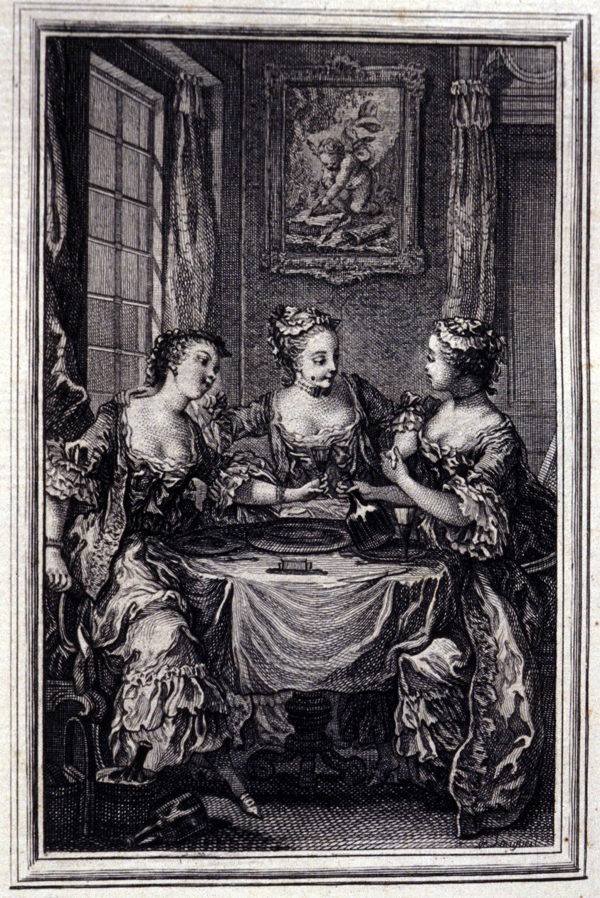 La Gageure des trois commeres - Jean La Fontainen "" Tarinoita ja novelleja säkeissä" -julkaisussa. 1776. P.P. Choffardin kuvitus. tekijältä Pierre Philippe Choffard