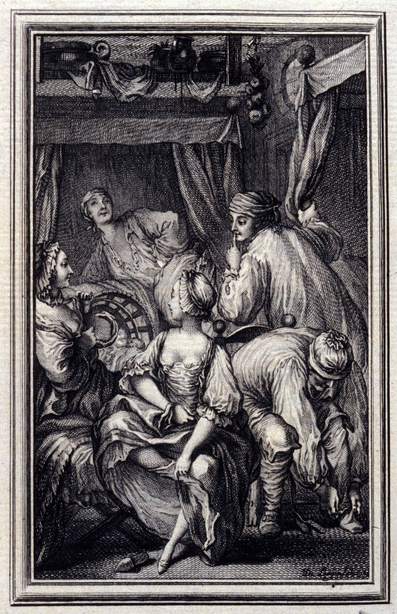 Le Cradle - Jean La Fontainen "" Tarinoita ja novelleja säkeissä" -osassa. 1776. P.P. Choffardin kuvitus. tekijältä Pierre Philippe Choffard