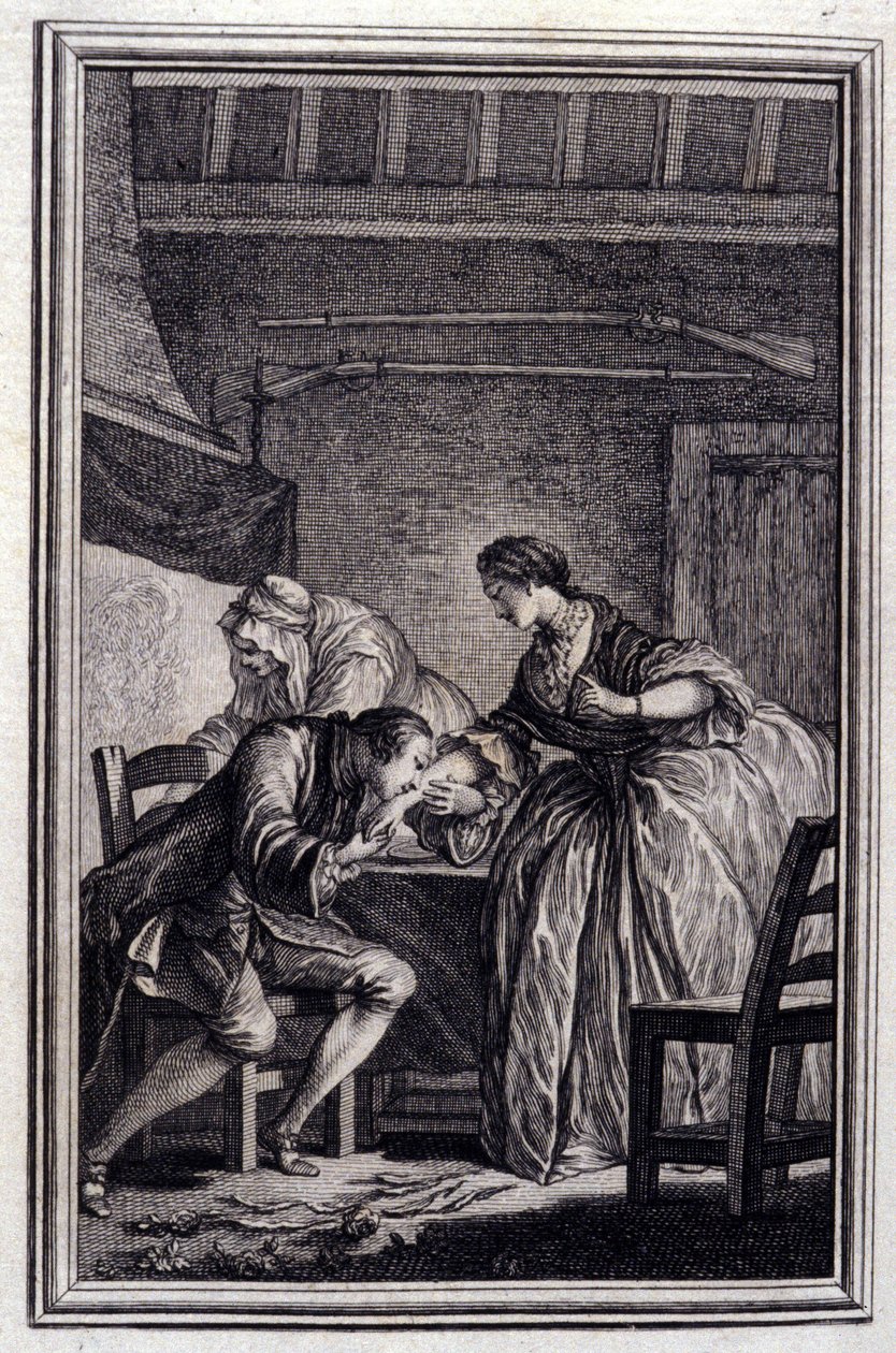 Haukka - Jean La Fontainen ""Tarinoita ja novelleja säkeissä"" 1776. P.P. Choffardin kuvitus. tekijältä Pierre Philippe Choffard