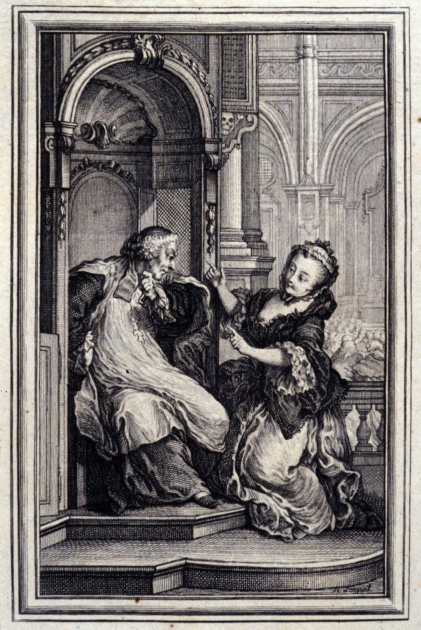 Le Mari tunnustaja - Jean La Fontainen teoksessa "" Tarinoita ja novelleja säkeissä "". 1776. P.P. Choffardin kuvitus. tekijältä Pierre Philippe Choffard