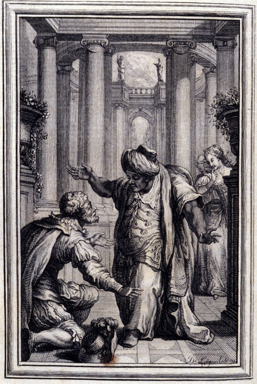 Pieni koira, joka ampuu rahaa ja kiviä - Jean La Fontainen ""Tarinoita ja novelleja säkeissä"" 1776. P.P. Choffardin kuvitus. tekijältä Pierre Philippe Choffard