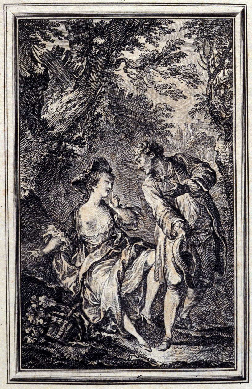 Lupaus on yksi ja pitäminen toinen. Jean de La Fontainen teoksessa "Tales et nouvelles en vers", Amsterdam 1776, kuvittanut P.P.Choffard. tekijältä Pierre Philippe Choffard