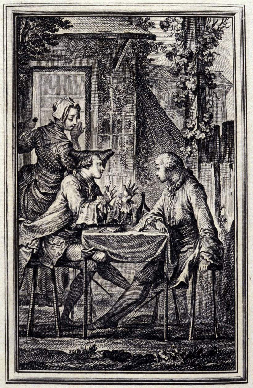 korvatehtaalla tai simpukan raccomoderilla. Teoksessa "Tales et nouvelles en vers", Jean de La Fontaine, Amsterdam 1776. Kuvittanut P.P.Choffard. tekijältä Pierre Philippe Choffard