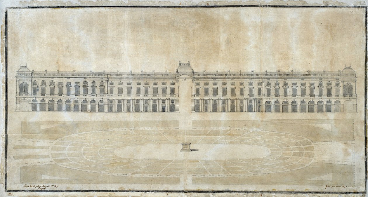 Arkkitehtuuri: "Marseillen Place Royale -projekti, sisäkorkeus" 1686 (piirustus) tekijältä Pierre Puget