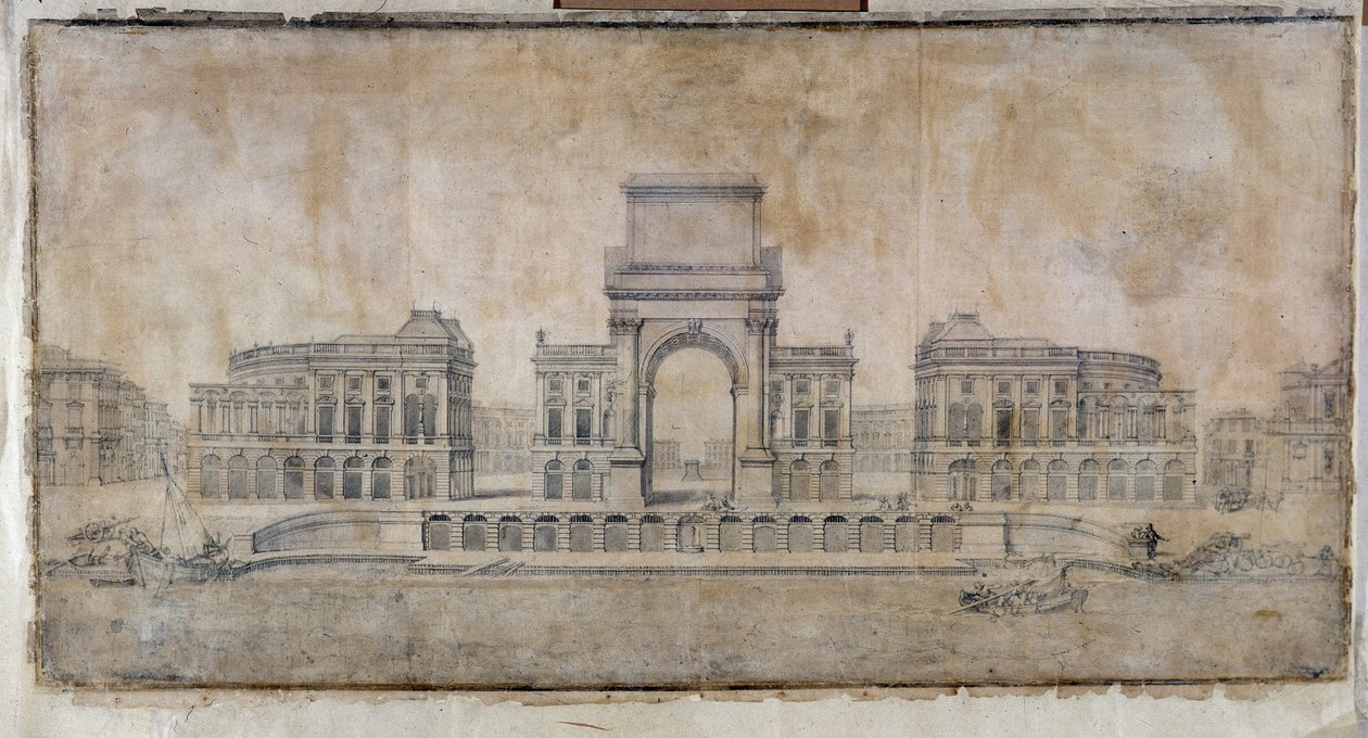 Arkkitehtuuri: "Place Royale -projekti Marseillelle, perspektiivi kaupunkiin katsomassa" 1686 (piirustus) tekijältä Pierre Puget