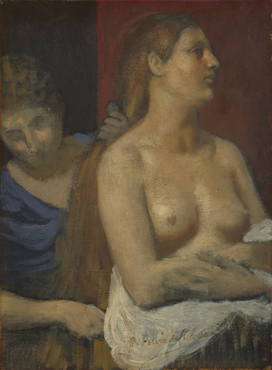 Naisen hiuksia kampaava piika, n. 1883 tekijältä Pierre Puvis de Chavannes