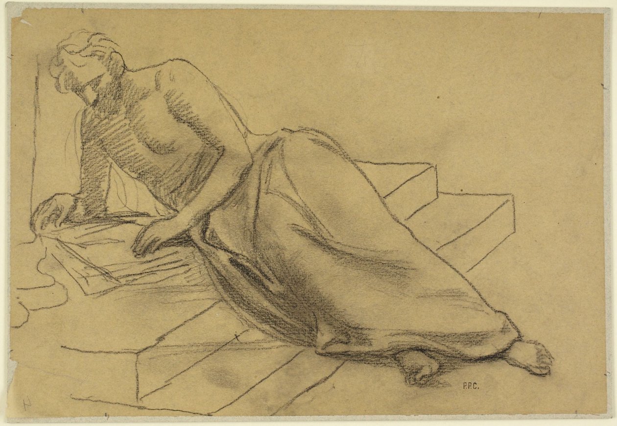 Portailla makuulla lukeva mies, tutkielma teosta "Filosofi" varten Boston Librarylle tekijältä Pierre Puvis de Chavannes