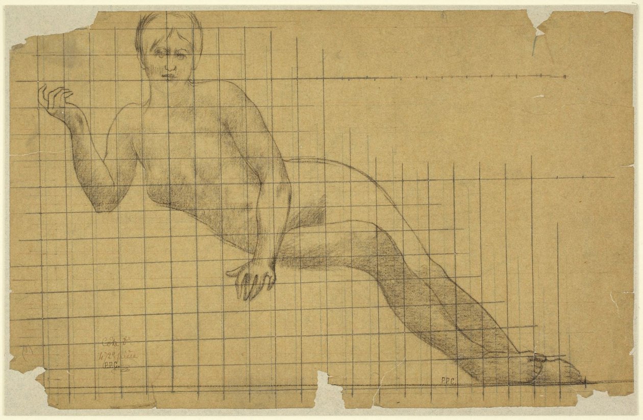 Makaava naisalastonkuva, luonnos Sorbonnen ”Hemicycle: Letters, Science, and Arts” -teoksen hahmolle, Sorbonne, Pariisi tekijältä Pierre Puvis de Chavannes