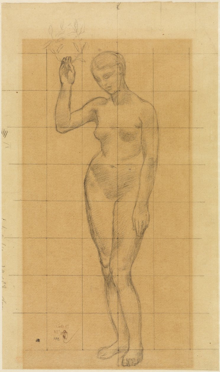 Stehender Frauenakt, schräg nach links, einen Kranz in der erhobenen Rechten tekijältä Pierre Puvis de Chavannes
