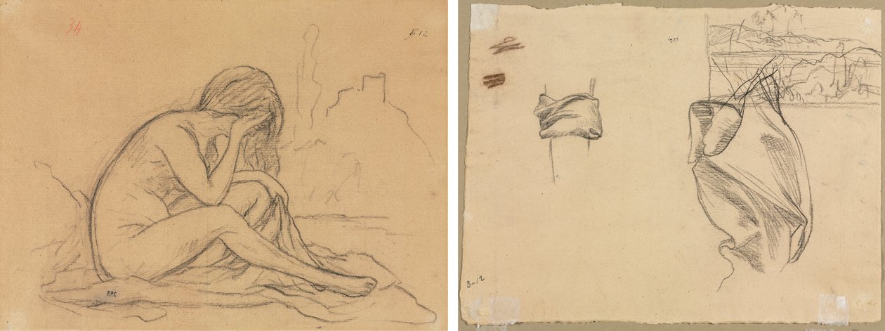 Tutkimus naisaktista (mahdollisesti toteutumattomalle allegoriselle maalaukselle) (recto); Verho- ja maisematutkimukset (käänteinen) tekijältä Pierre Puvis de Chavannes