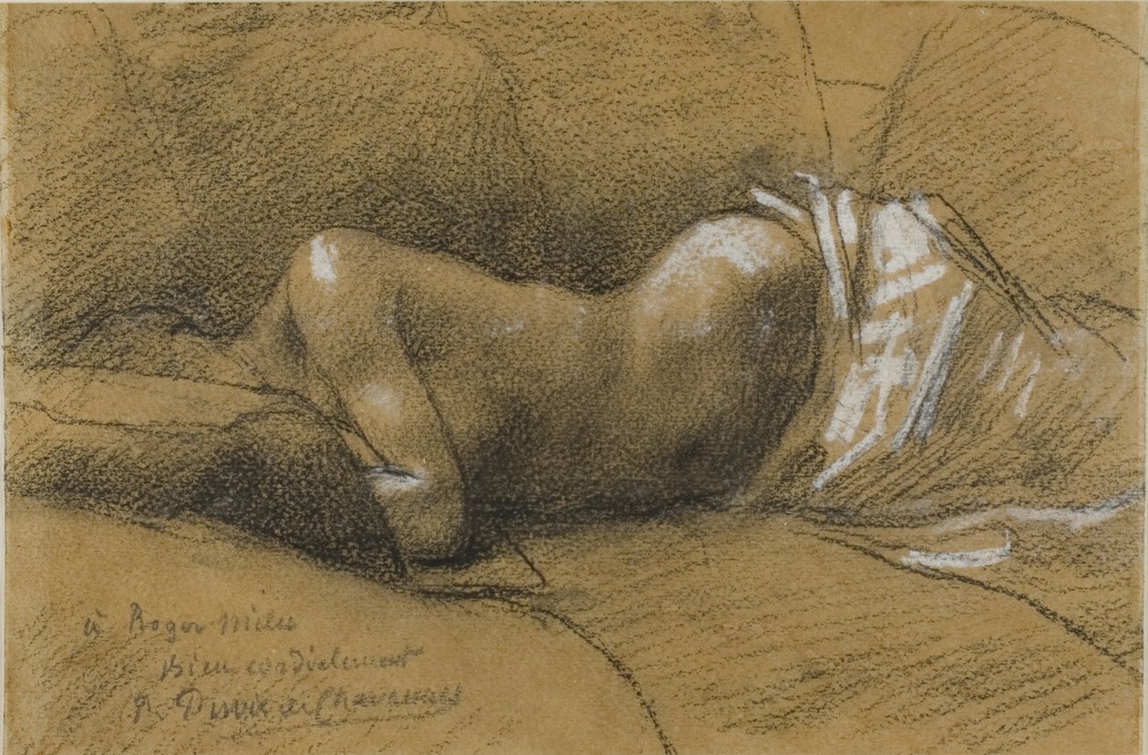 Study of Sleeping Woman, n. 1867 (musta conté värikynä, korotettu valkoisella pastellilla, kellanruskealle kudottupaperille, asetettu kermakortille) tekijältä Pierre Puvis de Chavannes