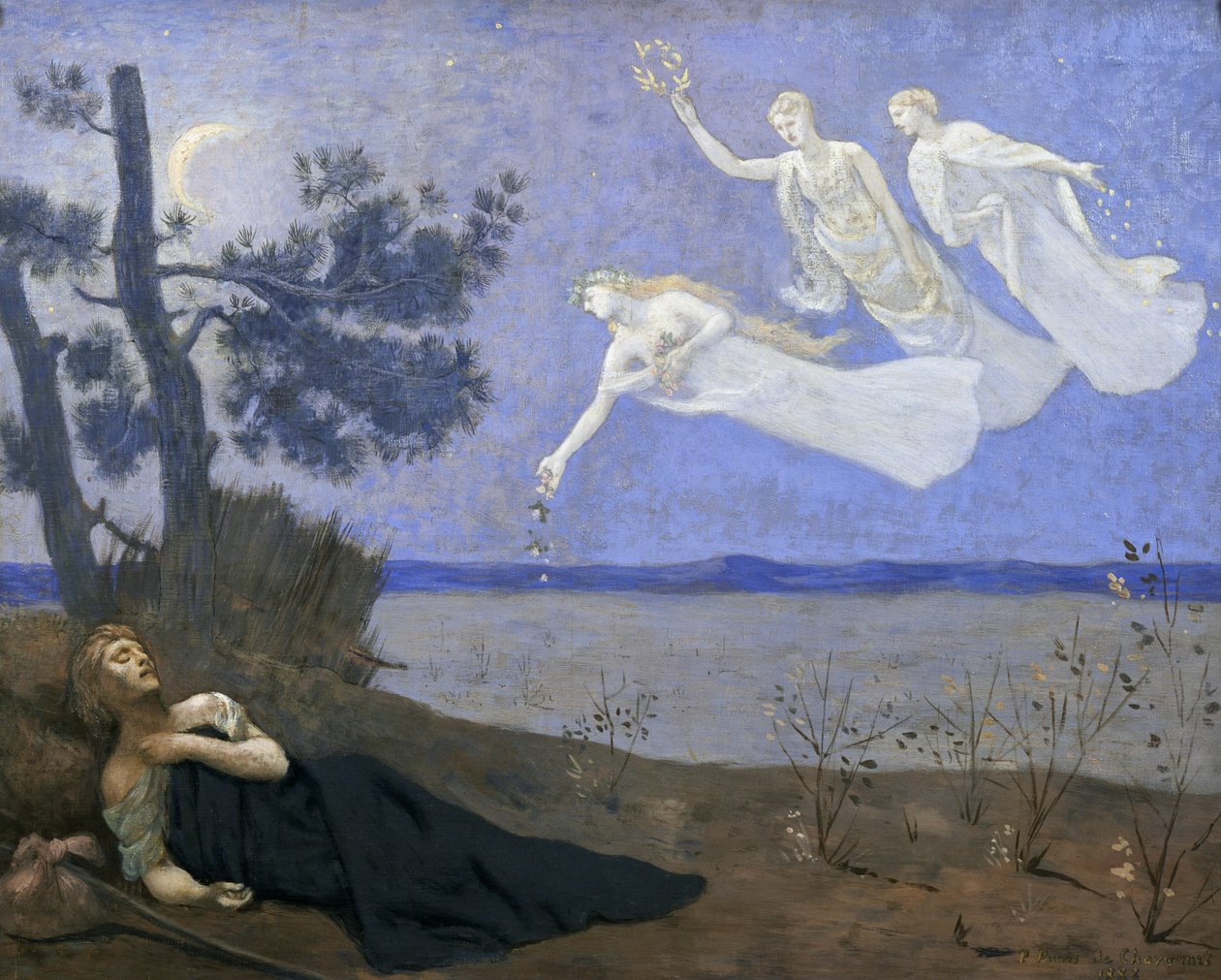Unelma: Unissaan hän näki rakkauden, kunnian ja rikkauden ilmestyvän hänelle, 1883 öljy kankaalle) tekijältä Pierre Puvis de Chavannes