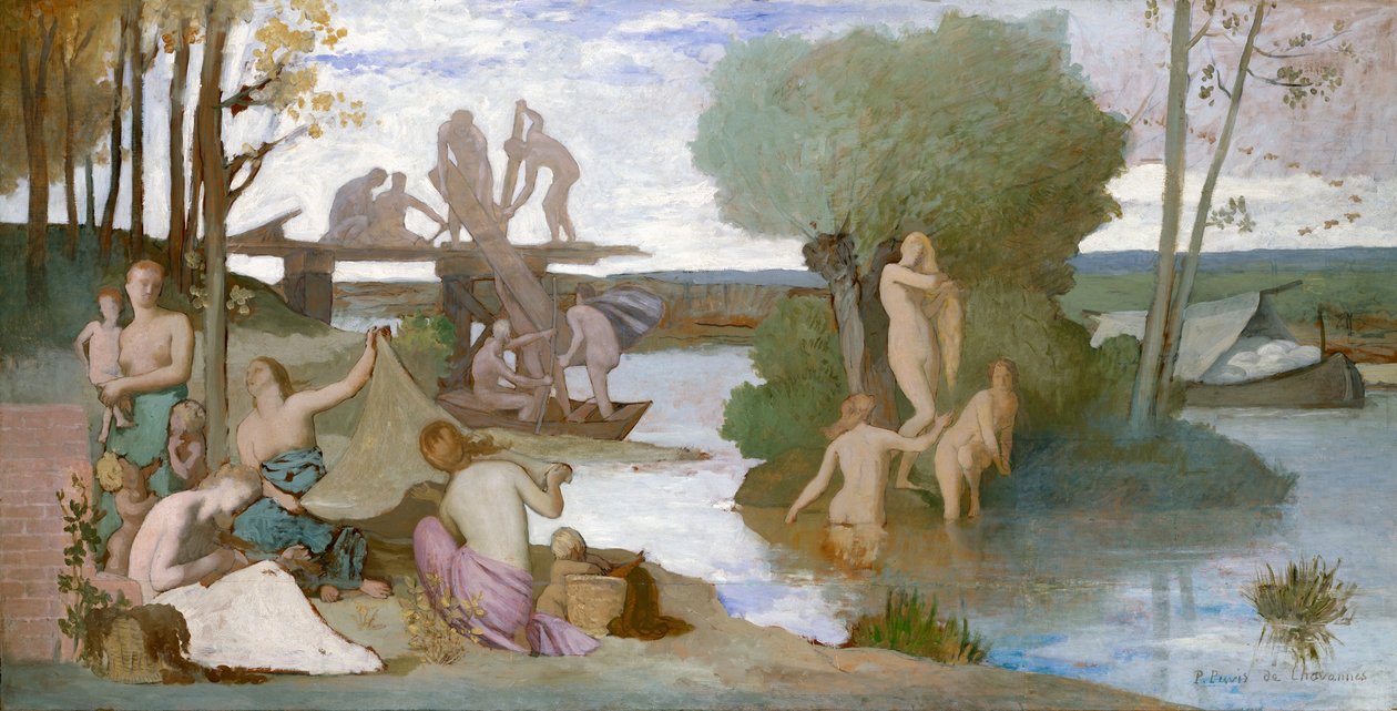 Joki, n.1864 (öljy paperille, kiinnitetty kankaalle). tekijältä Pierre Puvis de Chavannes