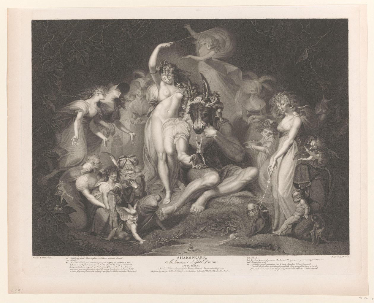 Titania ja Bottom hahmojen ympäröimänä shakspeare. Kesäyön unelma (otsikko esineessä) tekijältä Pierre Simon (II)