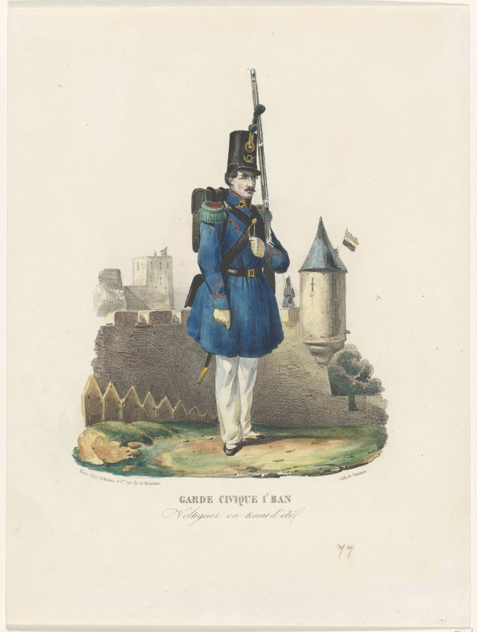 Belgische Burgerwacht op wacht, 1830 Kansalaisvartioston 1. Ban / Voltigeur kesämekossa (nimi esineessä) tekijältä Pierre Simonau