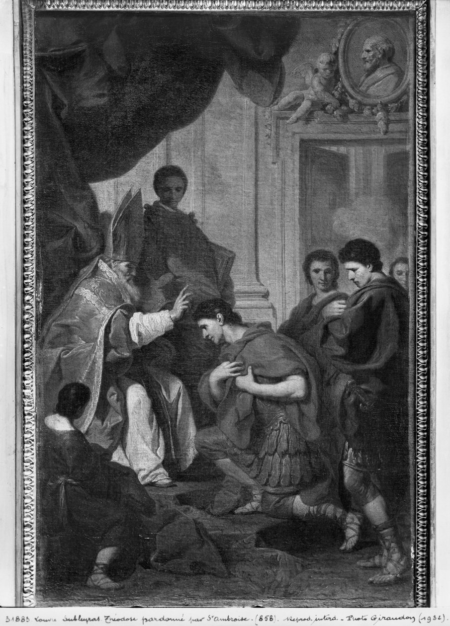 Keisari Theodosius I Suuri saa armahduksen Milanon arkkipiispalta Pyhältä Ambroselta, n. 1745 tekijältä Pierre Subleyras
