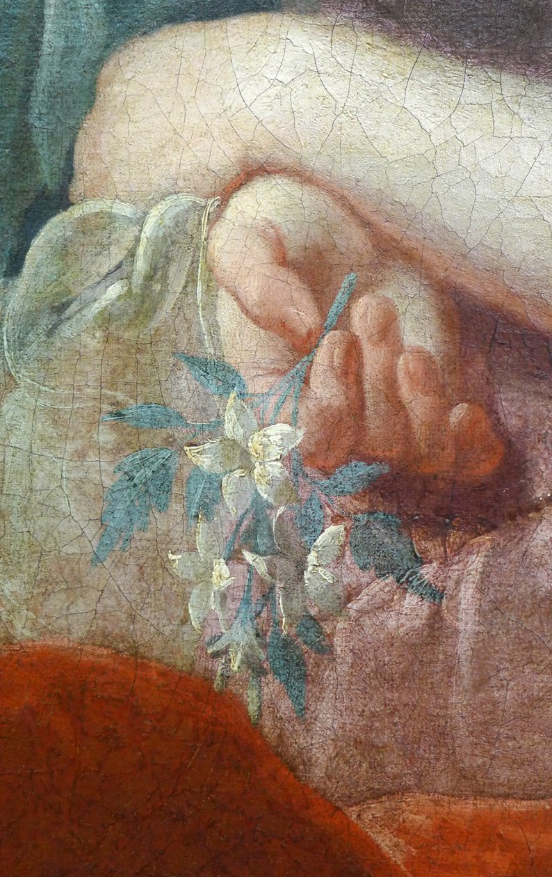 Nuoren naisen käsi, jolla on kukkiva oksa. Yksityiskohta Madame Poulhariexin ja hänen tyttärensä muotokuvasta, noin 1728 (öljy kankaalle) tekijältä Pierre Subleyras