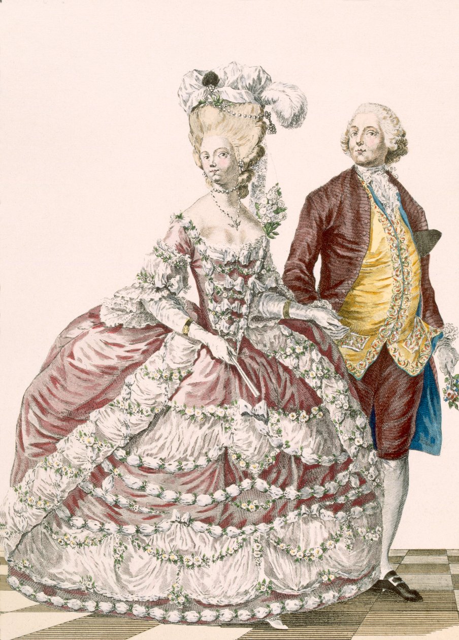 Epämuodollinen hääpuku, kaiverrus Dupin, levy nro 88 julkaisusta "Galeries des Modes et Costumes Francais", n. 1778-1787 (värinen kaiverrus) 99:vaatteet; perinteinen asu; perinteinen puku; muoti; kuva; c18th; muodikas; vaatteet; Nainen; Uros; gau tekijältä Pierre Thomas (after) Le Clerc