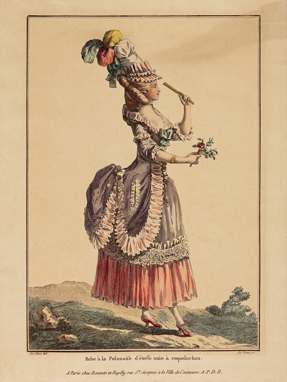 Poloneise-mekko, jossa draped päällyshame. Gallerie des Modes et Costumes Francais, 1778 tekijältä Pierre Thomas Le Clerc