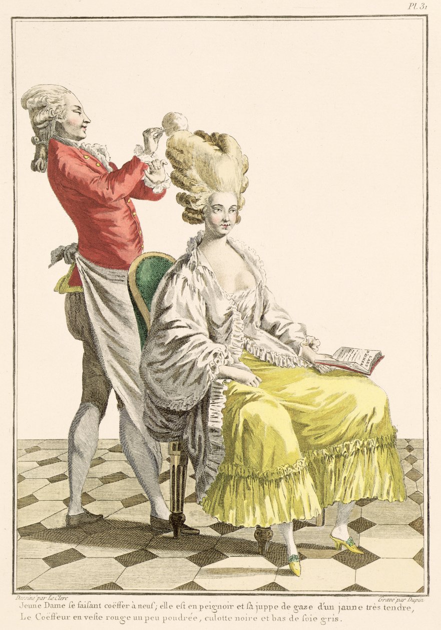 Nuori nainen peignoirissa kampaajan kanssa, levy 31 Galerie des Modes et Costumes Francais