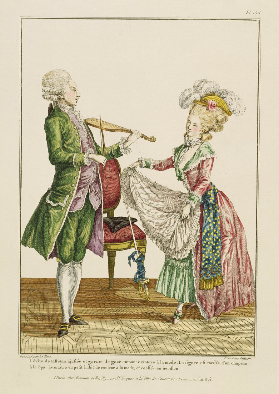 Herrasmies soittamassa viulua naisen tanssiessa, kaiverrus J. Pelicier, n. 1780-90 tekijältä Pierre Thomas Le Clerc