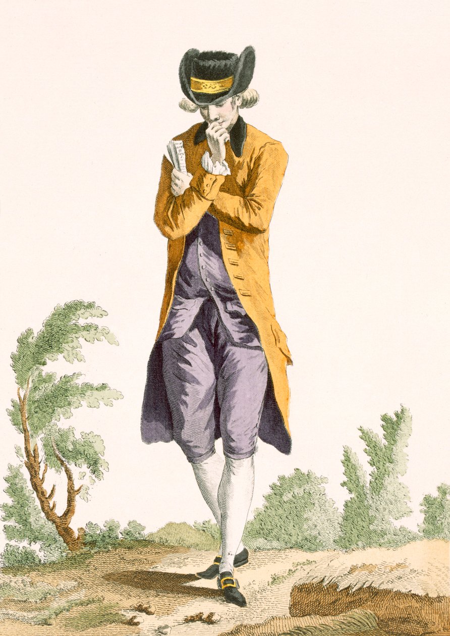 Nuori porvarillinen näyttelijäopiskelija syvästi ajatuksissaan, kaivertanut Dupin, levy nro 22 julkaisusta "Galeries des Modes et Costumes Francais", n. 1778-87 tekijältä Pierre Thomas Le Clerc