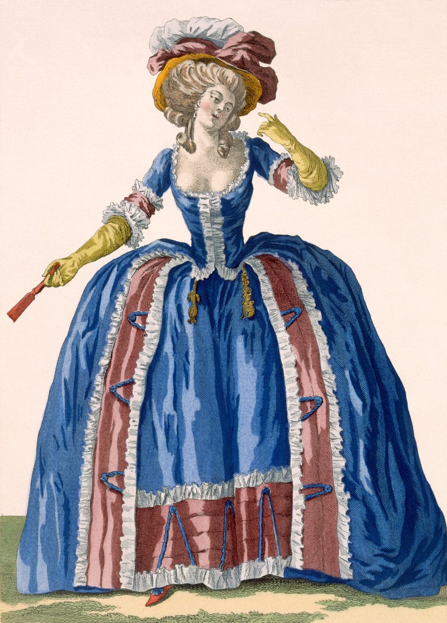 Englantilaistyylinen rengasmekko, sähkönsininen, jossa on viininpunainen hapsullinen reunus, kaiverrettu Bacquoyn kaiverruksella, levy nro 182 teoksesta "Galeries des Modes et Costumes Francais", n. 1778-87 99:vaatteet; tekijältä Pierre Thomas Le Clerc
