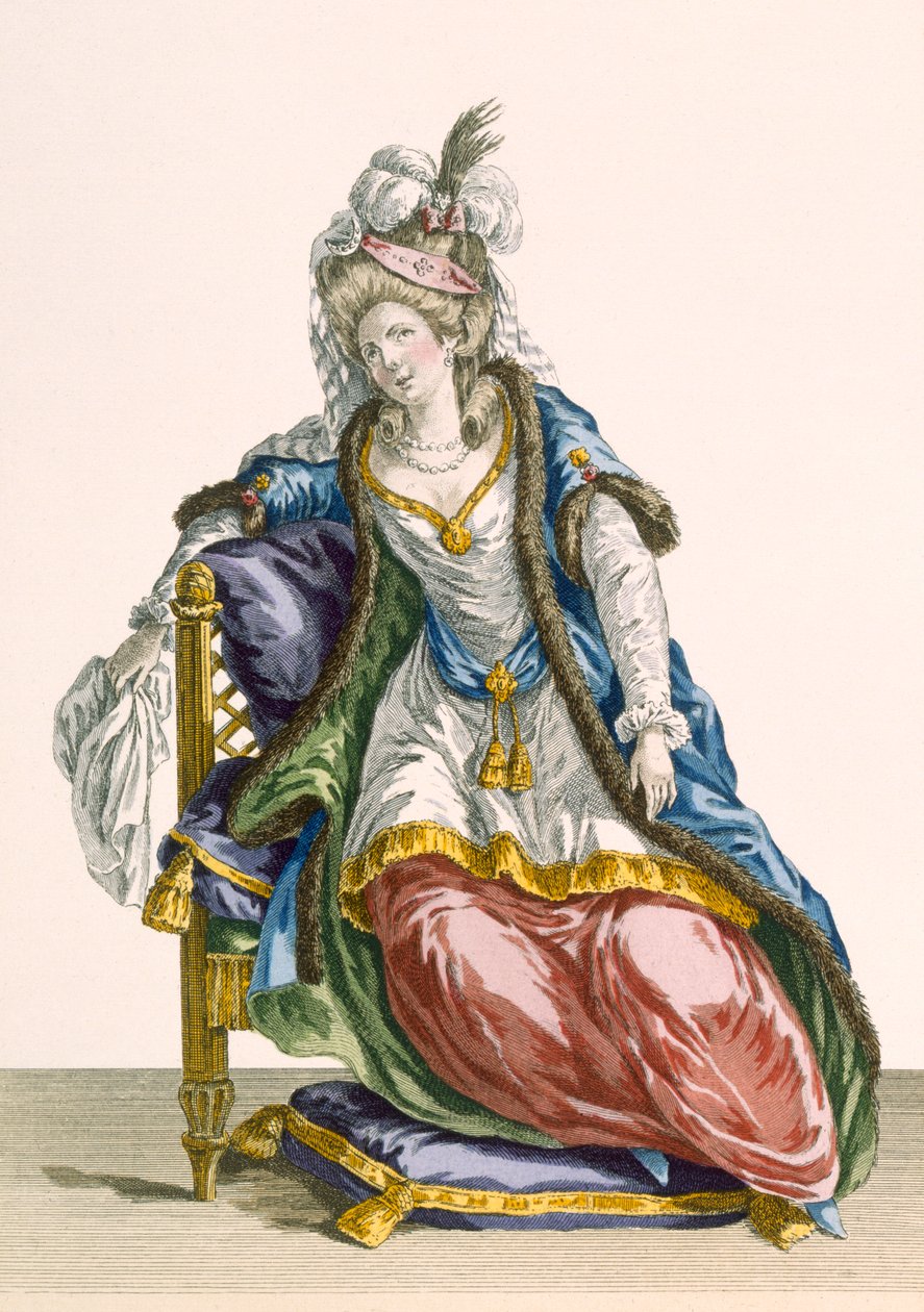 Nainen "Habit a la Sultan", kaiverrettu Patas, levy nro 107 teoksesta "Galeries des Modes et Costumes Francais", n.1778-87 99:vaatetus; perinteinen pukeutuminen; perinteinen puku; muoti; i tekijältä Pierre Thomas Le Clerc