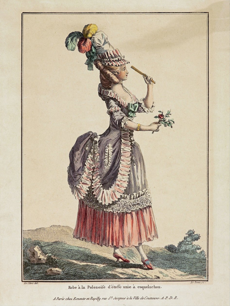 Puolalainen mekko pelkästä kankaasta koqueluchonilla - Pierre Thomas Le Clercin (1739-1796) teos, kaiverrus ja akvarelli, otettu Gallerie des modes et costumes francaisista tekijältä Pierre Thomas Le Clerc