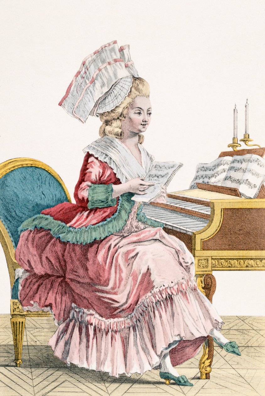 Nuori nainen, joka opiskelee musiikkia cembalossaan, kaiverrus J. Pelicier, levy 149 Galerie des Modes et Costumes Francaisista tekijältä Pierre Thomas Le Clerc